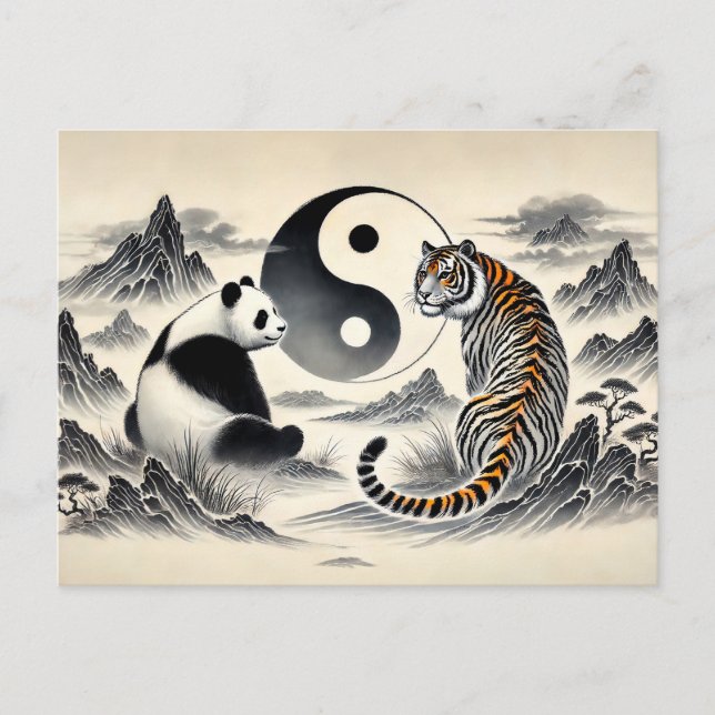 Yin und Yang Panda und Tiger im asiatischen Kunsts Postkarte (Vorderseite)
