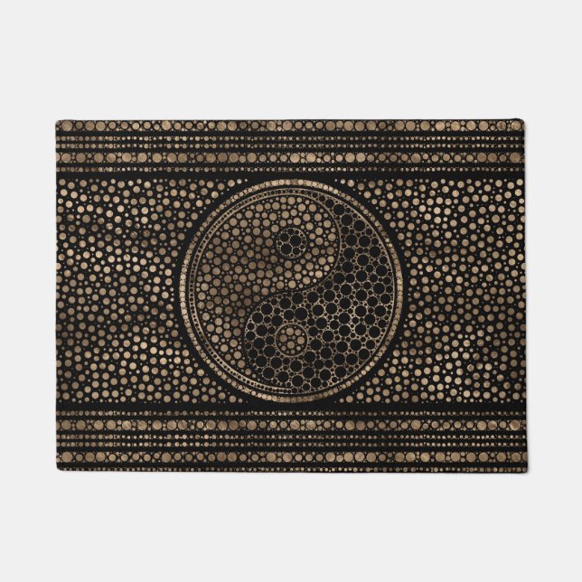 Yin und Yang punktieren Kunstschwarzes und -gold Fußmatte (Vorderseite)