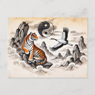 Yin und Yang Tiger und Kranich im asiatischen Kuns Postkarte