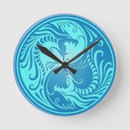 Yin-Yang Blue Chinese Dragons Runde Wanduhr