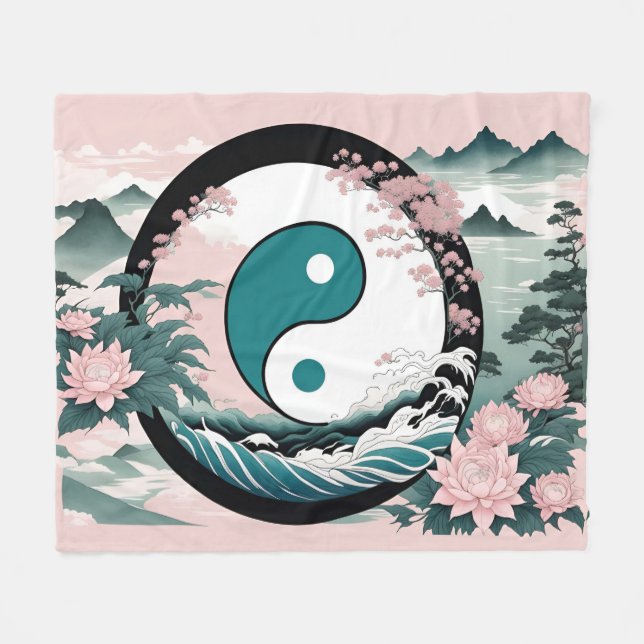 Yin Yang, Blumenrosa-Käfig Aquamarin Fleecedecke (Vorderseite (Horizontal))