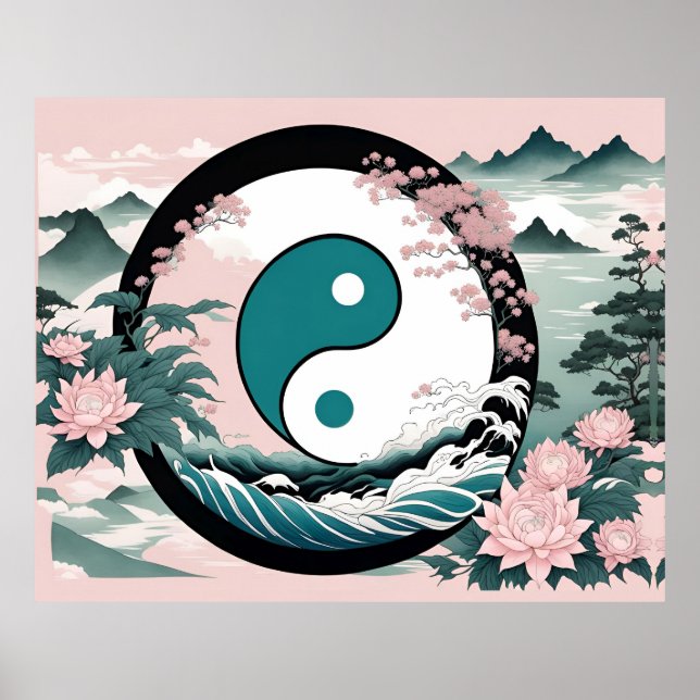 Yin Yang, Blumenrosa-Käfig Aquamarin Poster (Vorne)