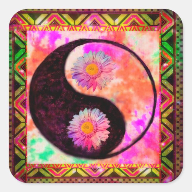 Yin Yang Boho Aztec Peace Liebe Gefärbte Krawatte  Quadratischer Aufkleber (Vorderseite)