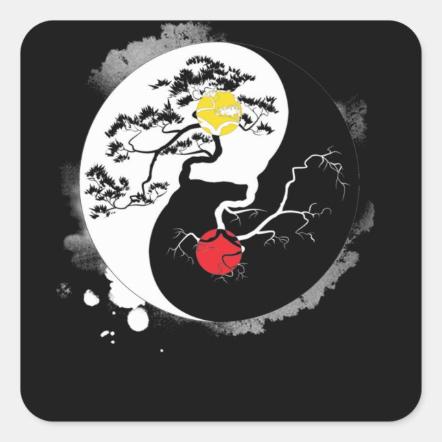 Yin Yang Bonsai Tree Japanisch Buddhist Zen Quadratischer Aufkleber (Vorderseite)