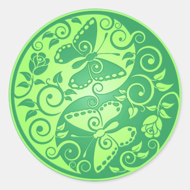 Yin Yang Butterflies, grün Runder Aufkleber (Vorderseite)