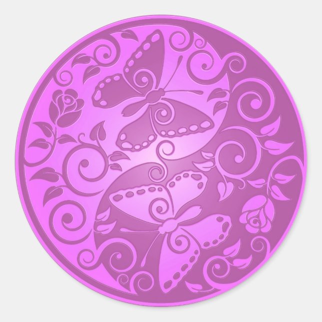 Yin Yang Butterflies, lila Runder Aufkleber (Vorderseite)