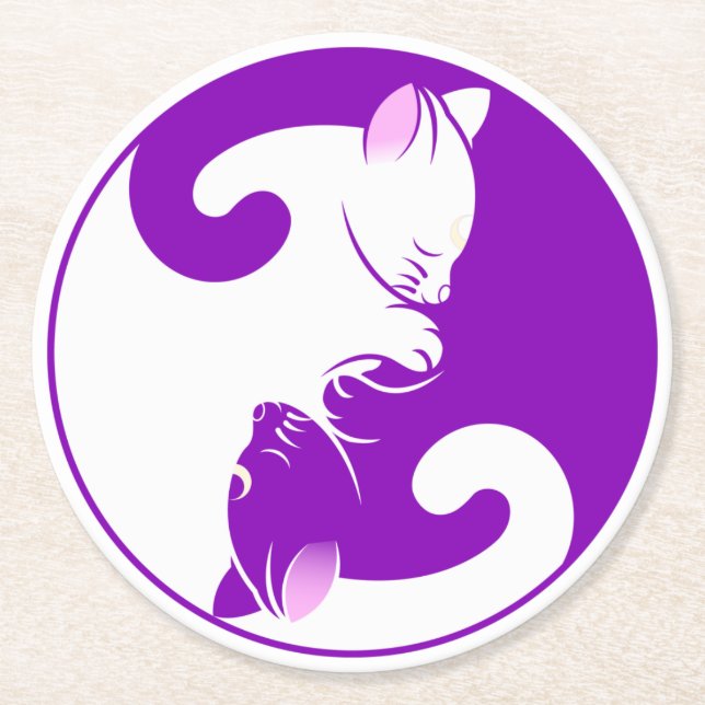 Yin Yang Cats Zen Yoga Meditation Lila Runder Pappuntersetzer (Vorderseite)