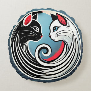 Yin Yang Design mit schwarzen und weißen Katzen Rundes Kissen