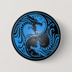 Yin Yang Drachen, Blau und Schwarzes Button