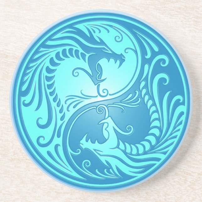 Yin Yang Drachen, hellblau Sandstein Untersetzer (Vorne)