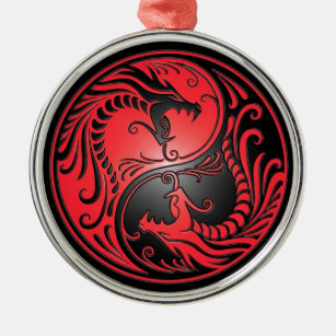 Yin Yang Drachen, Rot und Schwarzes Silbernes Ornament