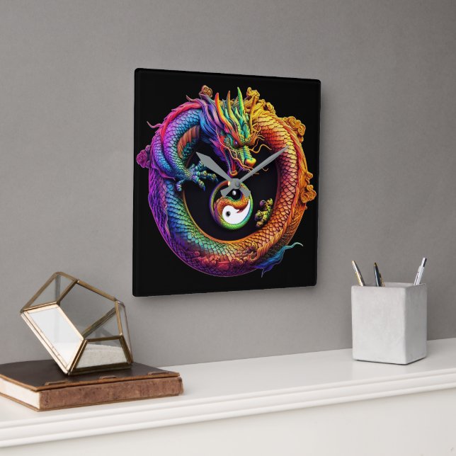 Yin Yang Dragon Wall Clock Quadratische Wanduhr (Büro)
