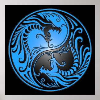 Yin Yang Dragons, blau und schwarz Poster