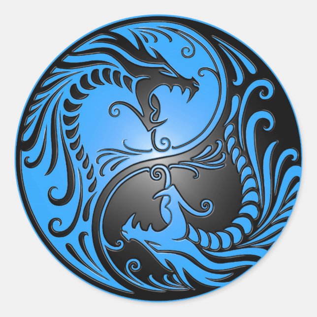 Yin Yang Dragons, blau und schwarz Runder Aufkleber (Vorderseite)