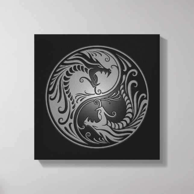 Yin Yang Dragons, grau und schwarz Leinwanddruck (Vorderseite)
