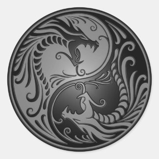 Yin Yang Dragons, grau und schwarz Runder Aufkleber