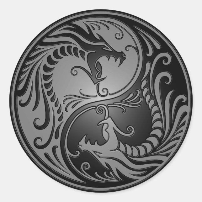 Yin Yang Dragons, grau und schwarz Runder Aufkleber (Vorderseite)