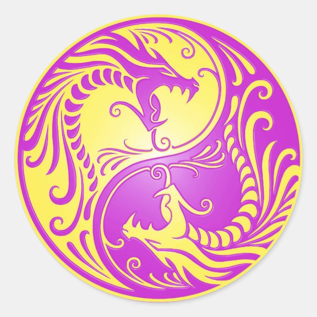 Yin Yang Dragons, lila und gelb Runder Aufkleber (Vorderseite)