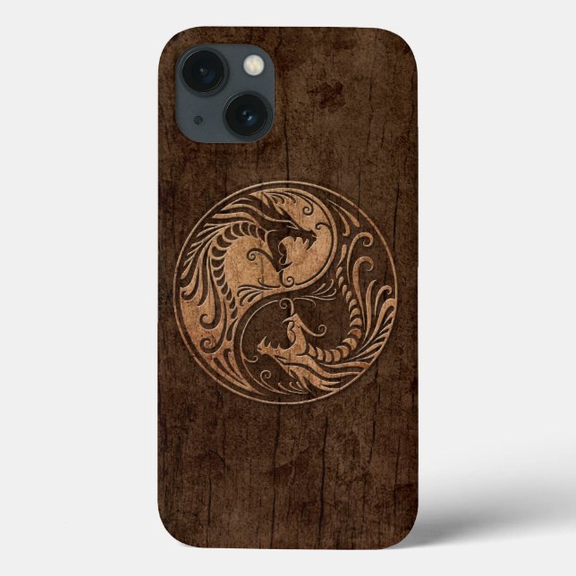 Yin Yang Dragons mit Holzkörneffekt Case-Mate iPhone Hülle (Rückseite)