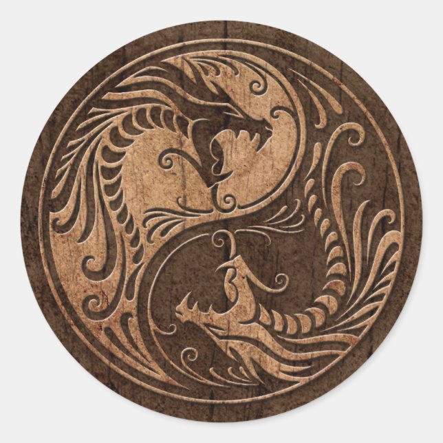 Yin Yang Dragons mit Holzkörneffekt Runder Aufkleber (Vorderseite)