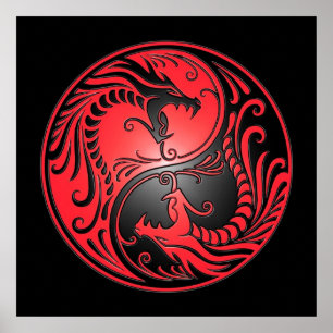 Yin Yang Dragons, red and black Poster