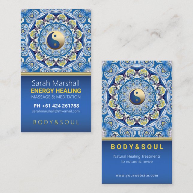 Yin Yang Energy Healing Blue Yellow Mandala Visitenkarte (Vorne/Hinten)