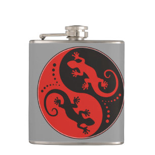 YIN & YANG Geckos schwarz rot + Ihre Hintergrundid Flachmann