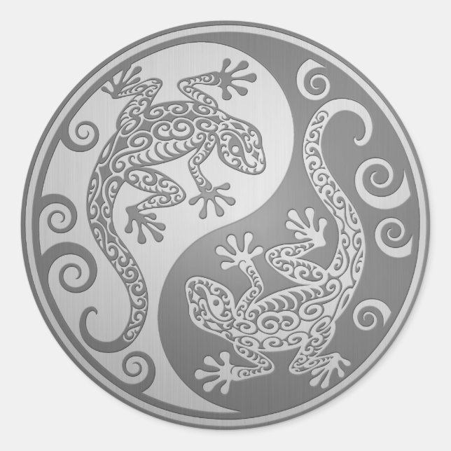 Yin Yang Geckos, Stainless Steel Effect Runder Aufkleber (Vorderseite)