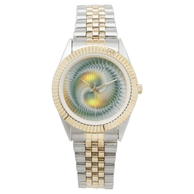 Yin Yang Green Yellow Abstraktes farbiges Fraktal Armbanduhr (Vorderseite)