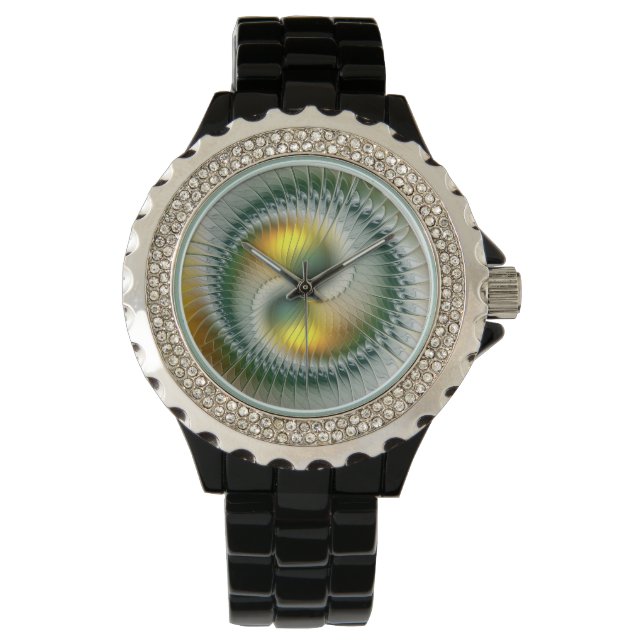 Yin Yang Green Yellow Abstraktes farbiges Fraktal Armbanduhr (Vorderseite)