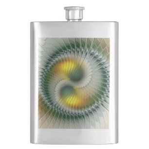 Yin Yang Green Yellow Abstraktes farbiges Fraktal Flachmann