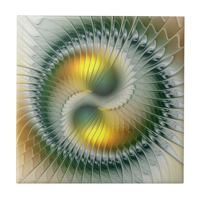Yin Yang Green Yellow Abstraktes farbiges Fraktal Fliese (Vorderseite)
