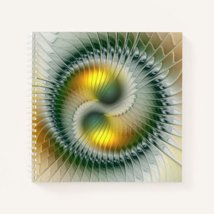 Yin Yang Green Yellow Abstraktes farbiges Fraktal Notizbuch