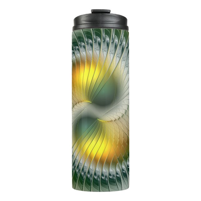 Yin Yang Green Yellow Abstraktes farbiges Fraktal Thermosbecher (Vorderseite)