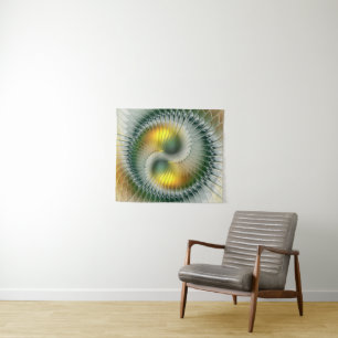 Yin Yang Green Yellow Abstraktes farbiges Fraktal Wandteppich