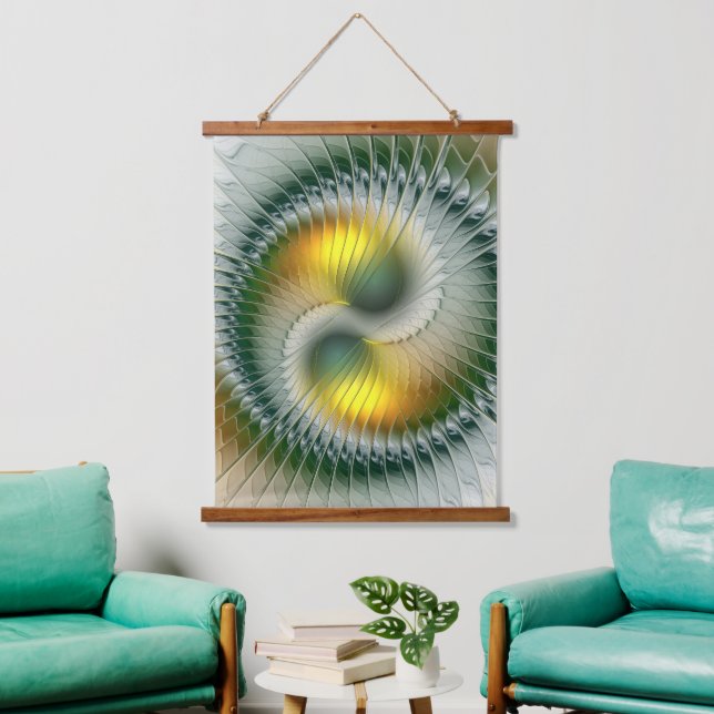 Yin Yang Green Yellow Abstraktes farbiges Fraktal Wandteppich Mit Holzrahmen (Wohnzimmer)