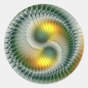 Yin Yang Grün Gelb Abstrakt Farbige Fraktale Runder Aufkleber