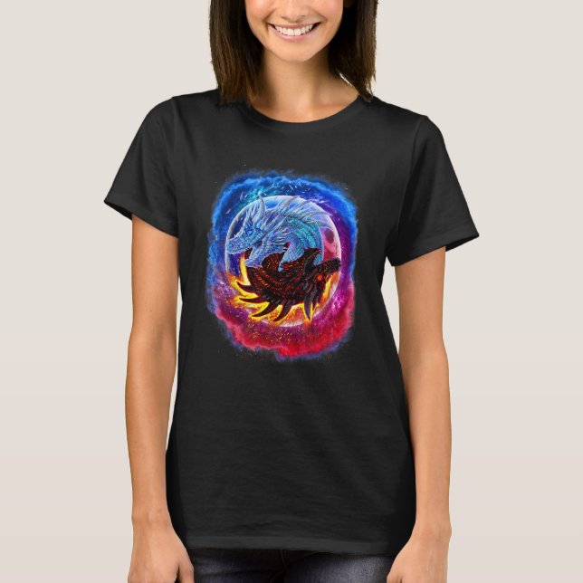 Yin Yang Ice und Feuerdrache im All T-Shirt (Vorderseite)