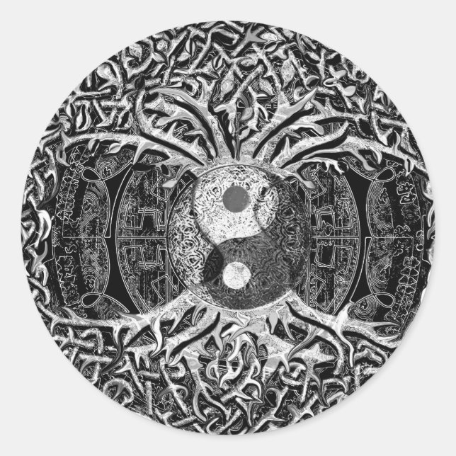 Yin Yang in Schwarz und Weiß mit einem Baum des Le Runder Aufkleber (Vorderseite)