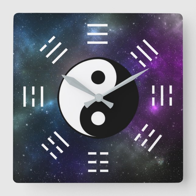 Yin Yang mit Bagua Trigram Symbols I-Ching Quadratische Wanduhr (Vorderseite)