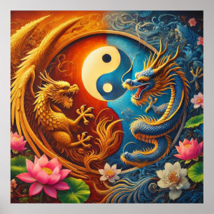 Yin Yang mit Drache und Phönix inmitten üppiger Bl Poster