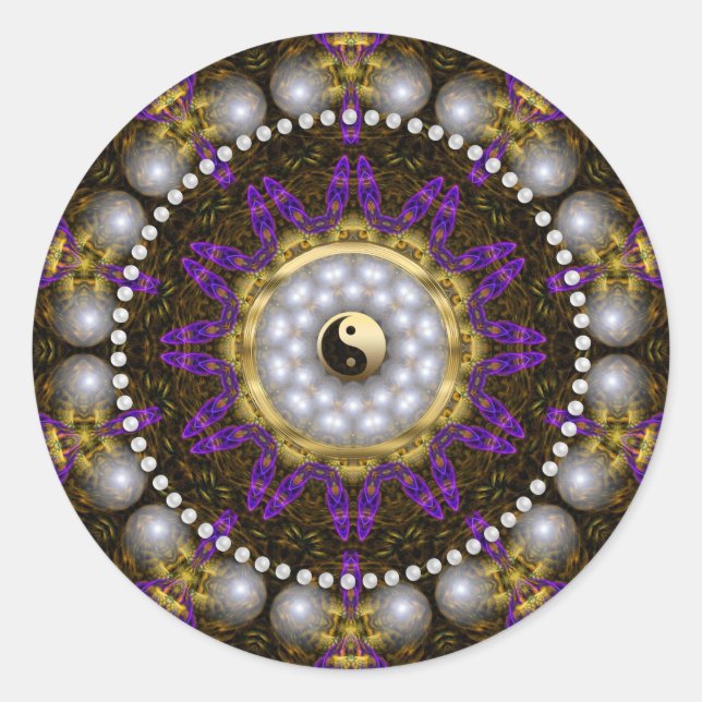 Yin Yang Pearl Lila Gold Geometry Mandala Runder Aufkleber (Vorderseite)