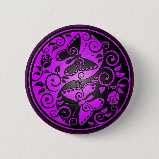 Yin Yang Schmetterlinge, lila u. schwarz Button (Vorderseite)