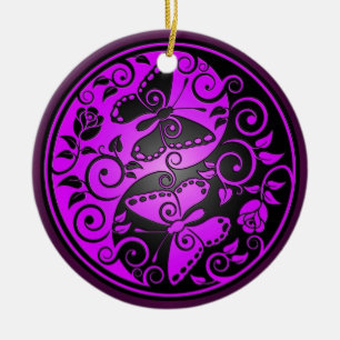 Yin Yang Schmetterlinge, lila u. schwarz Keramikornament