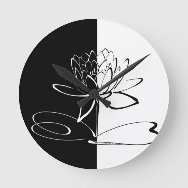 Yin Yang Schwarz-weiß Lotus Blossom Runde Wanduhr (Vorderseite)