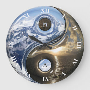 Yin Yang Seeberge mit Ihrem Monogramm Große Wanduhr