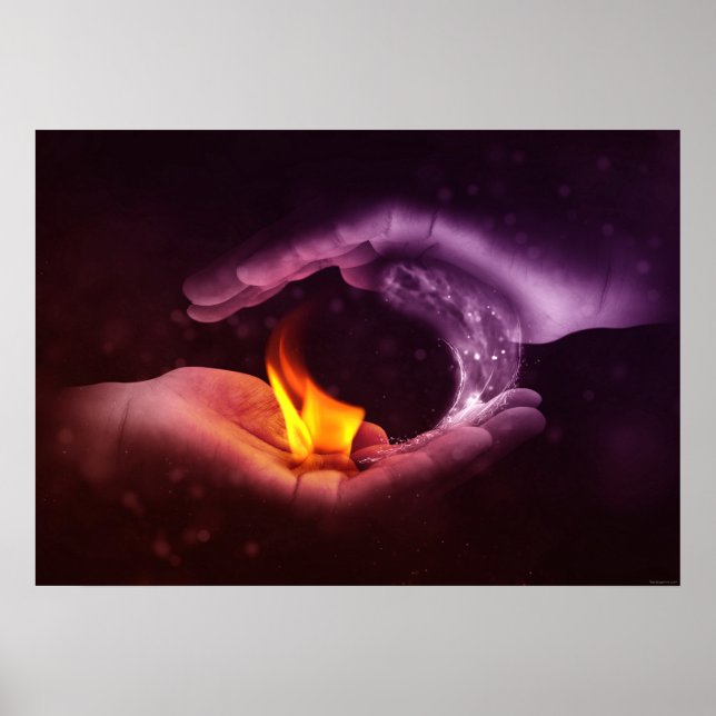 Yin Yang Symbol Feuer Wasserelemente Digitale Kuns Poster (Vorne)