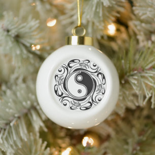 Yin & Yang Symbol Schwarz-Weiß-Tätowierstil Keramik Kugel-Ornament
