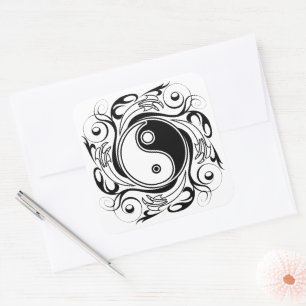 Yin & Yang-Symbol Schwarz-Weiß-Tätowierstil Quadratischer Aufkleber