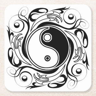 Yin & Yang Symbol Schwarz-Weiß-Tätowierstil Rechteckiger Pappuntersetzer